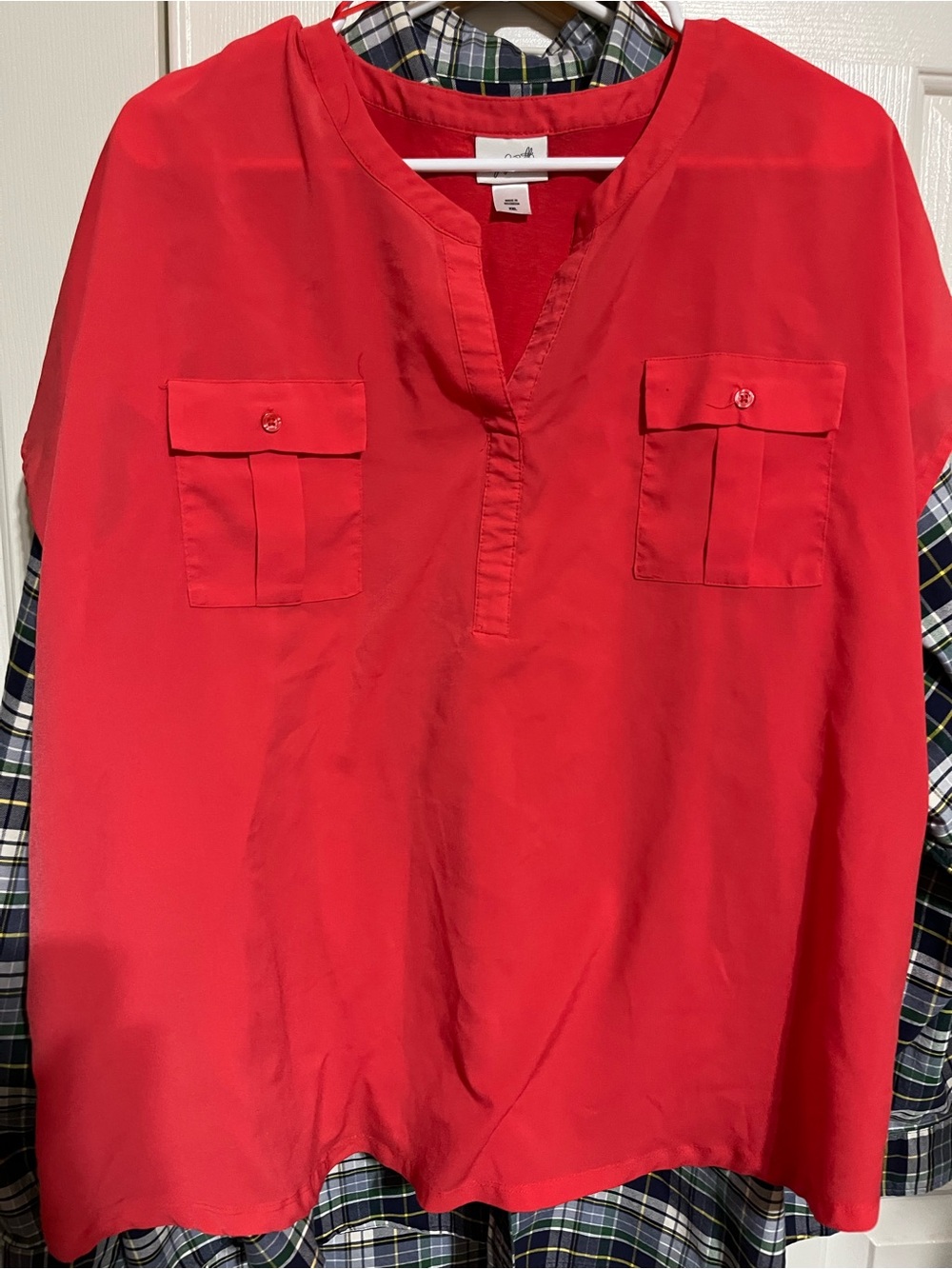 Jaclyn Smith Red Split-Neck Blouse with Flap Pockets
16-04